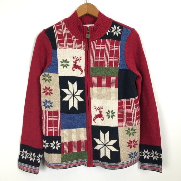 Vtg Christopher & Banks Nordic Snowflake Patchwork Knit Cardigan Small Deer Zip - Picture 1 of 11